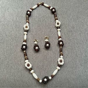 Vintage beaded flower necklace and clip on earring set